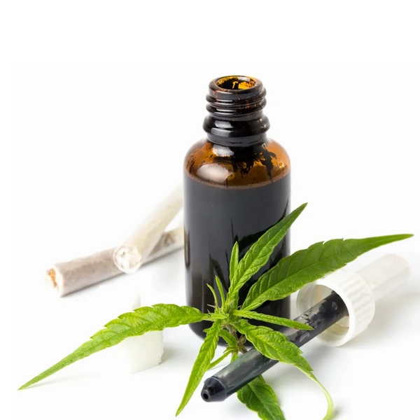 Cannabis oil bottle with green cannabis leaves and a dropper on white background.