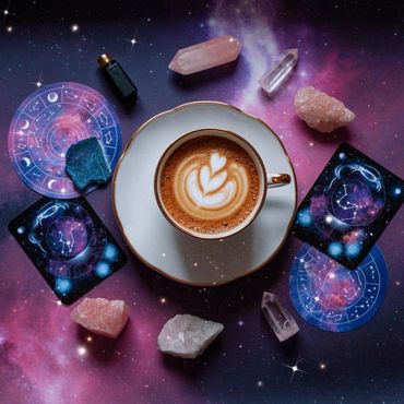 A celestial flat-lay of a cosmic coffee cup.