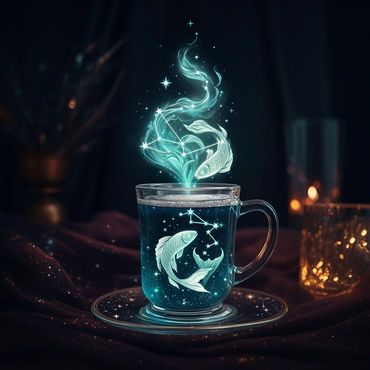 A glowing Pisces constellation rising from a steaming celestial drink.