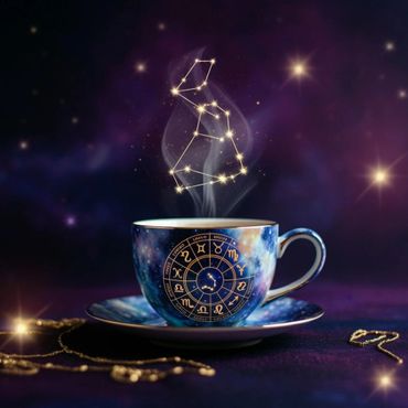 A celestial coffee cup with glowing constellation steam rising upward, surrounded by floating zodiac