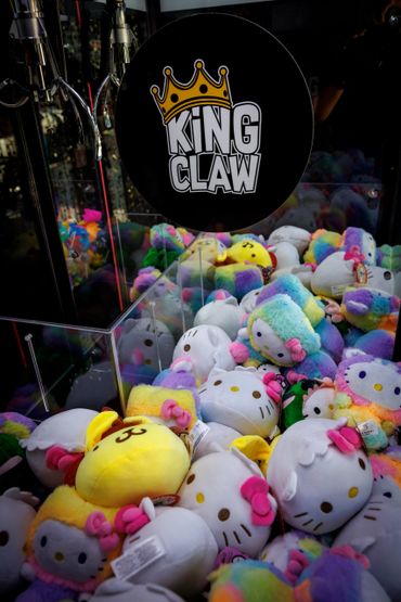 Inside of King Claw machine filled with colorful stuffed animals