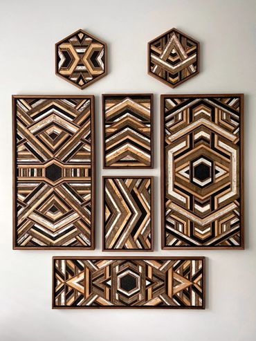 Intricate wood art by Honest Hands Studio made with our thin sliced barnwood and walnut frames