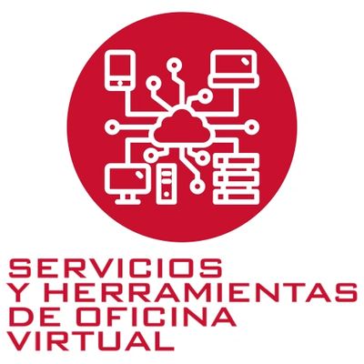 Icon showing virtual office services and tools connected digitally.