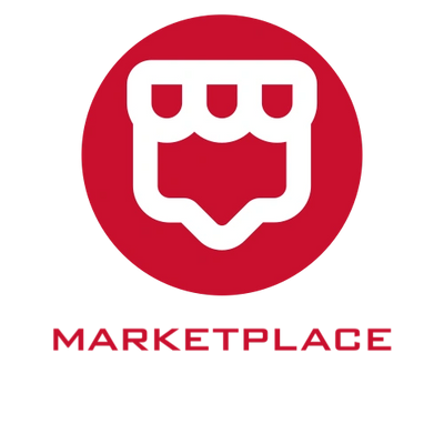 Red and white marketplace logo with storefront icon.