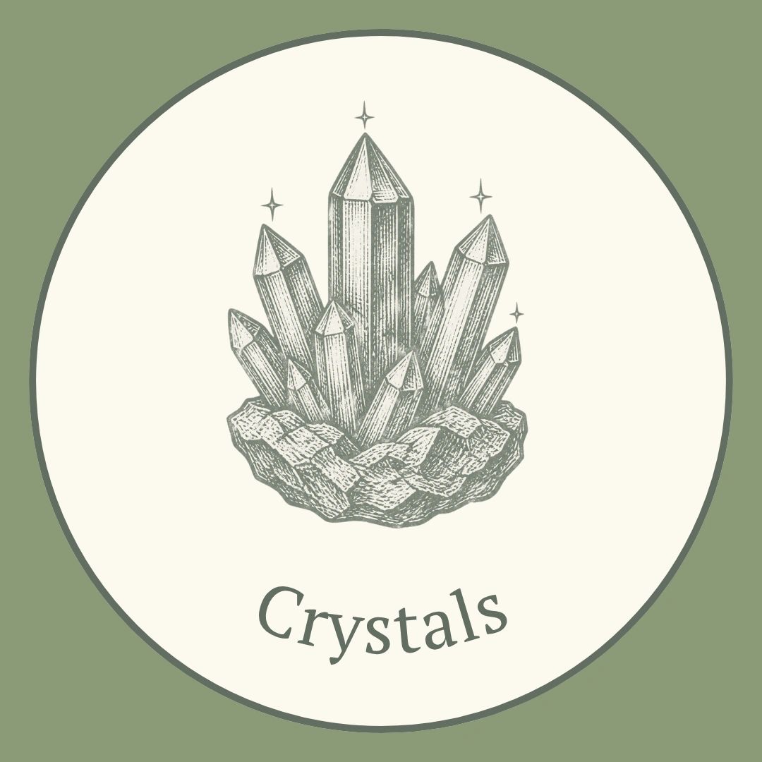 Crystals in witchcraft seal, a cluster of quartz crystal points with star glints