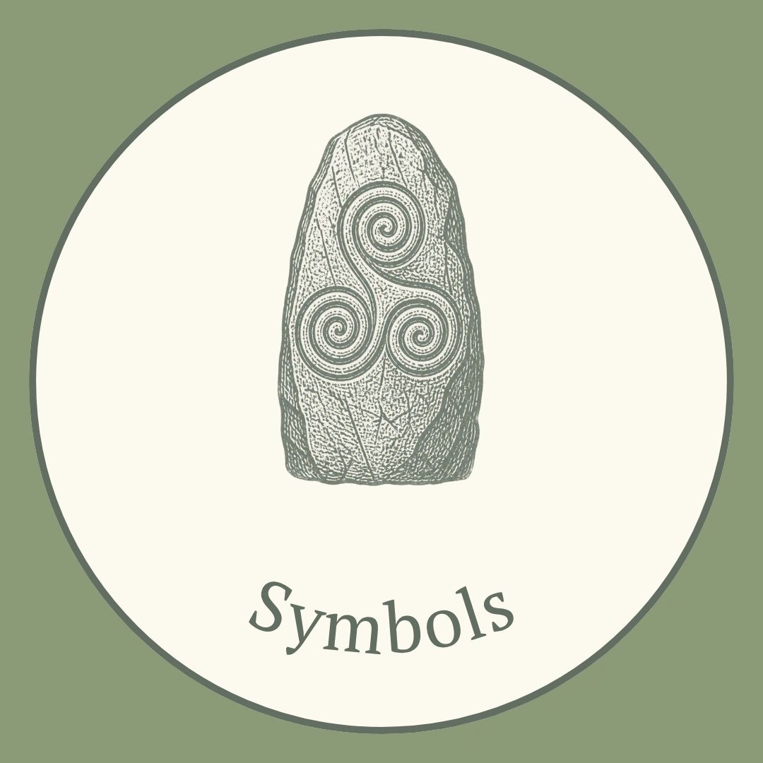 Symbols in witchcraft seal, a standing stone carved with a triple spiral