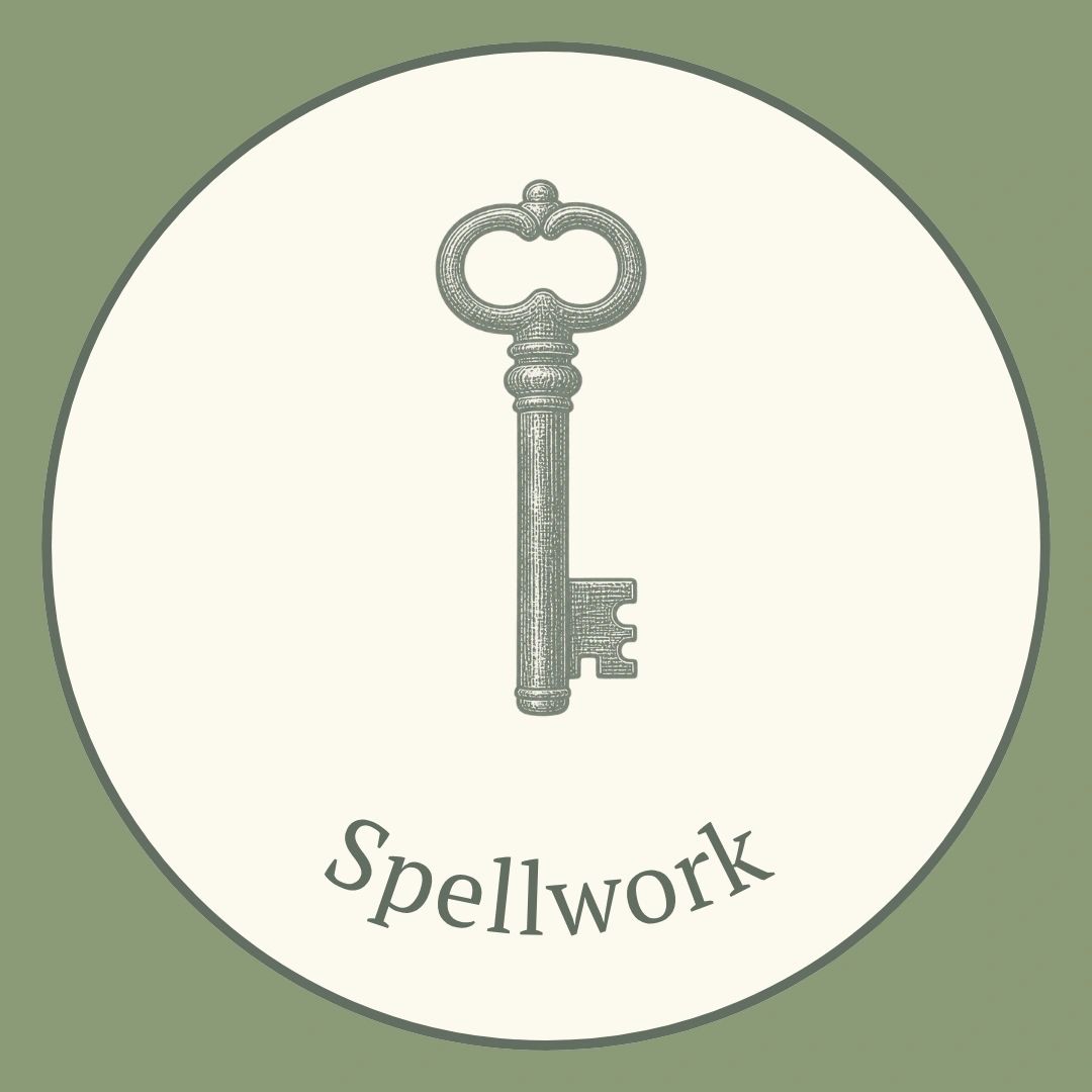 Vintage key logo with the word Spellwork.