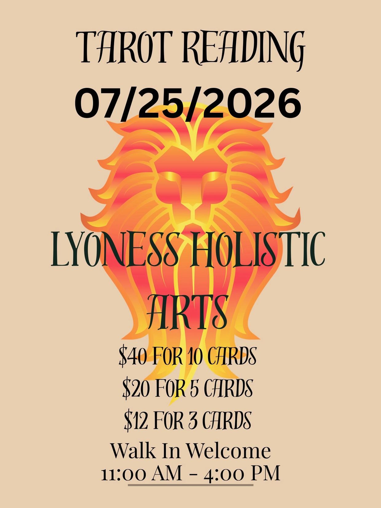 Tarot reading event on 07/25/2026 by Lyoness Holistic Arts with pricing and walk-in welcome.