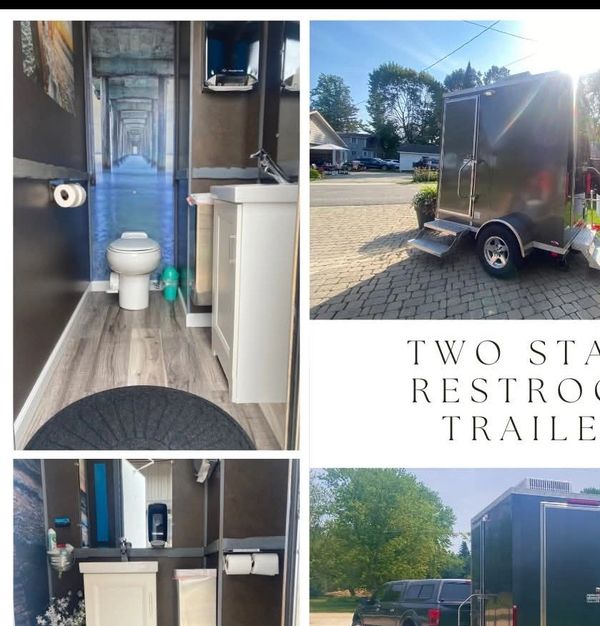 Two-stall portable restroom trailer exterior and interior.