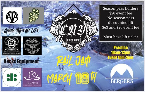 Event poster for CNY Freeride Rail Jam on March 19th with event details and sponsors.