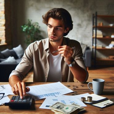 A young man in his 20's calculating his finances.