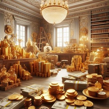 I room full of accumulated wealth including gold and stacks of cash.