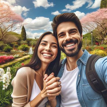 A smiling couple in a beautiful garden.