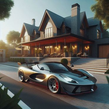 An exotic sports car parked in front of a mansion.