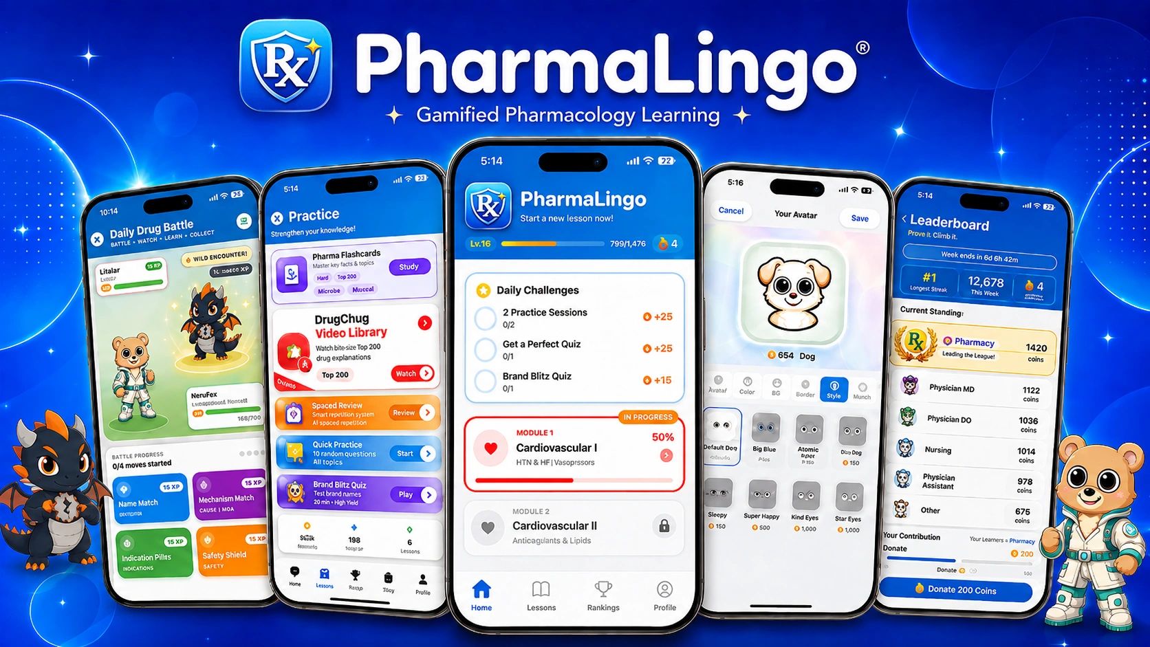 PharmaLingo app for gamified pharmacology learning on mobile devices.