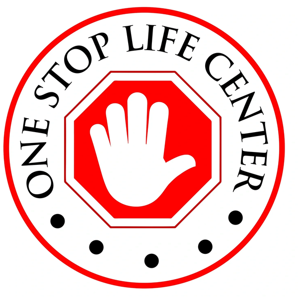 Logo of One Stop Life Center with a hand symbol.