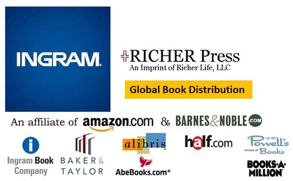 Logos of global book distributors and affiliates including Ingram, Richer Press, Amazon, Barnes & Noble, and others.