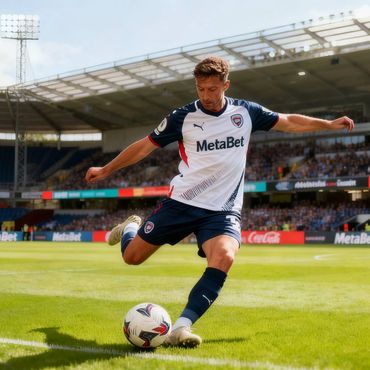 Soccer player in white and blue kit kicking a ball on a sunny stadium field.