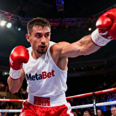 Boxer in red gloves throwing a punch in a crowded arena.