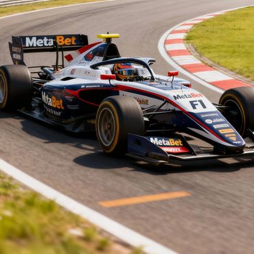 A Formula 1 race car speeding on a curved track.