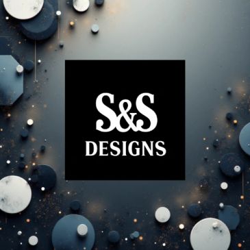 S&S Designs logo on a dark abstract background with circles.