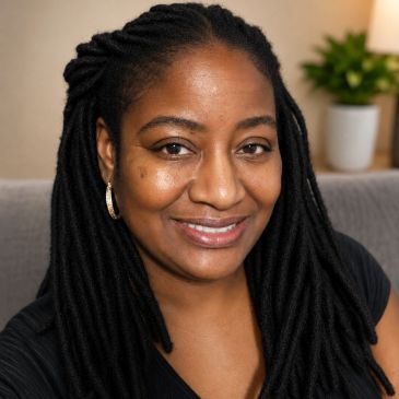 Smiling woman with dreadlocks and hoop earrings.