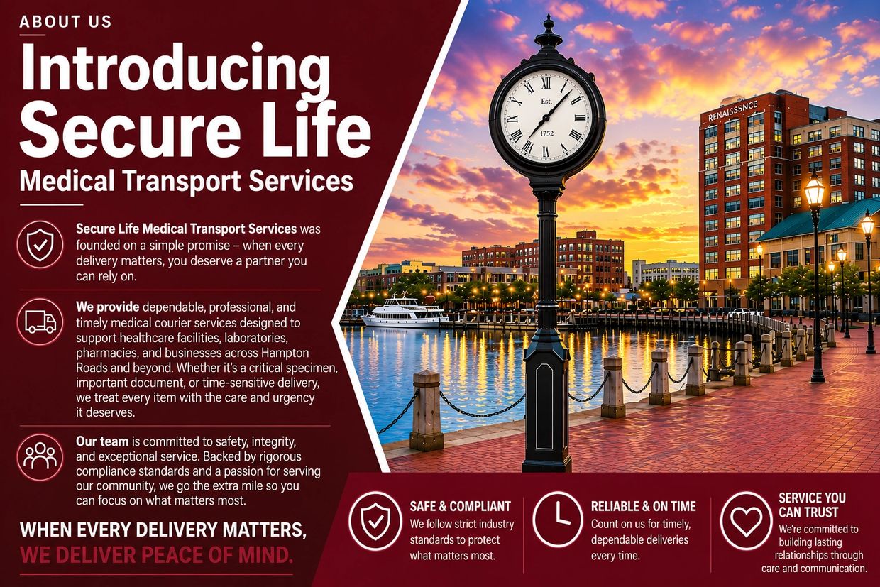 Introduction to Secure Life Medical Transport Services with city waterfront and clock image.