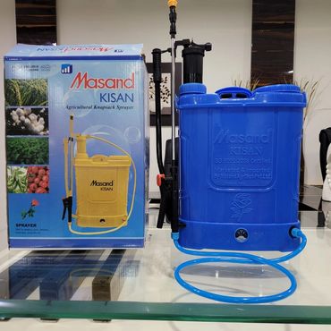 Blue Masand Kisan agricultural knapsack sprayer with its packaging box.