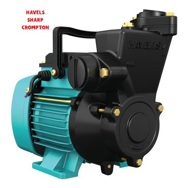 Electric water pump with turquoise and black body and brass bolts.