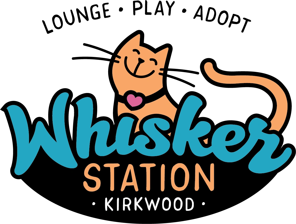 Whisker Station's logo. Orange cat mascot behind the words "Whisker Station, Kirkwood."