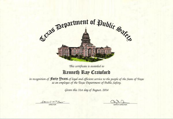 Certificate from Texas Department of Public Safety awarded to Kenneth Ray Crawford in 2014.