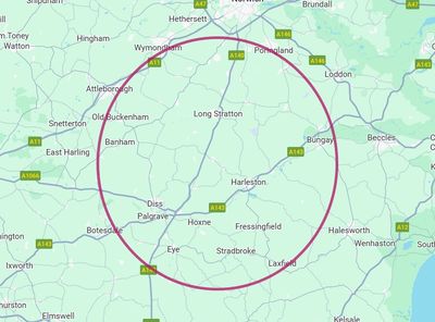 Map of South Norfolk and North Suffolk including Diss, Eye, Long Stratton, Harleston, Eye