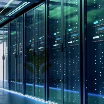 A modern data center with rows of server racks and blue LED lighting.