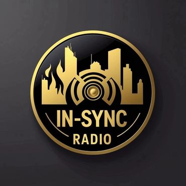 Gold and black logo for In-Sync Radio with cityscape and sound waves.