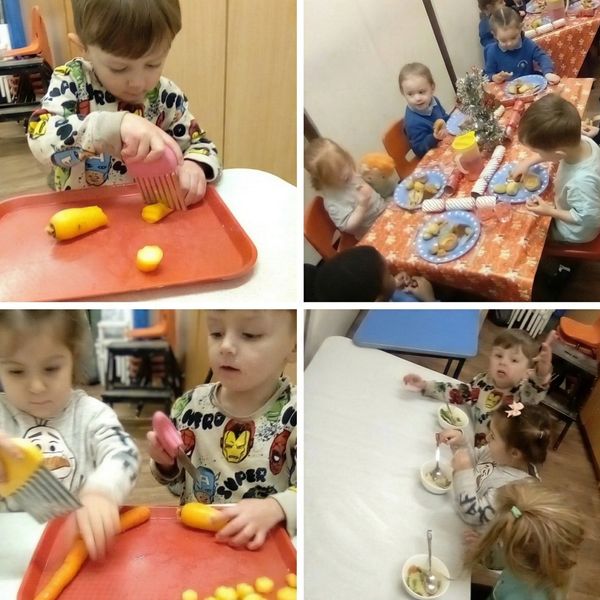 Multiple images of children preparing food and eating