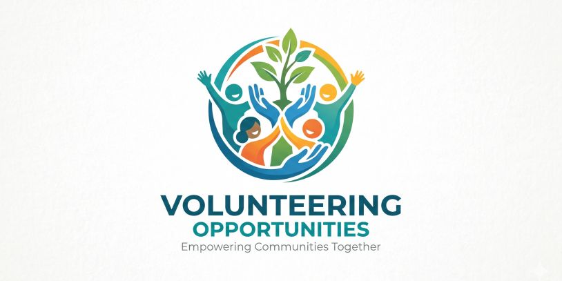 Logo depicting volunteering and community empowerment with hands and a growing plant.