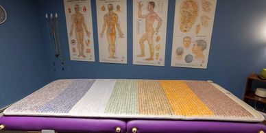 an infrared mat atop a massage table with different colored stones in it for each chakra