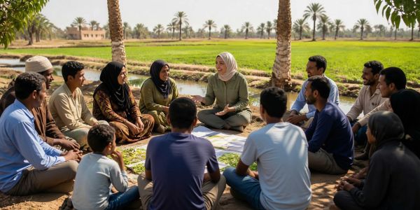 Group discussion outdoors in a rural setting.