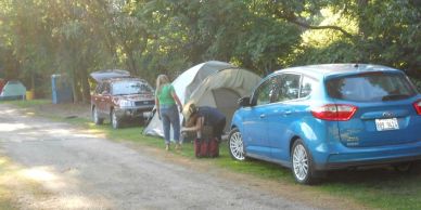People setting up a tent at a campsite with parked cars nearby.