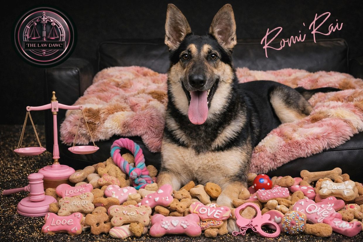 German Shepherd surrounded by pink-themed dog treats and toys on a cozy blanket.