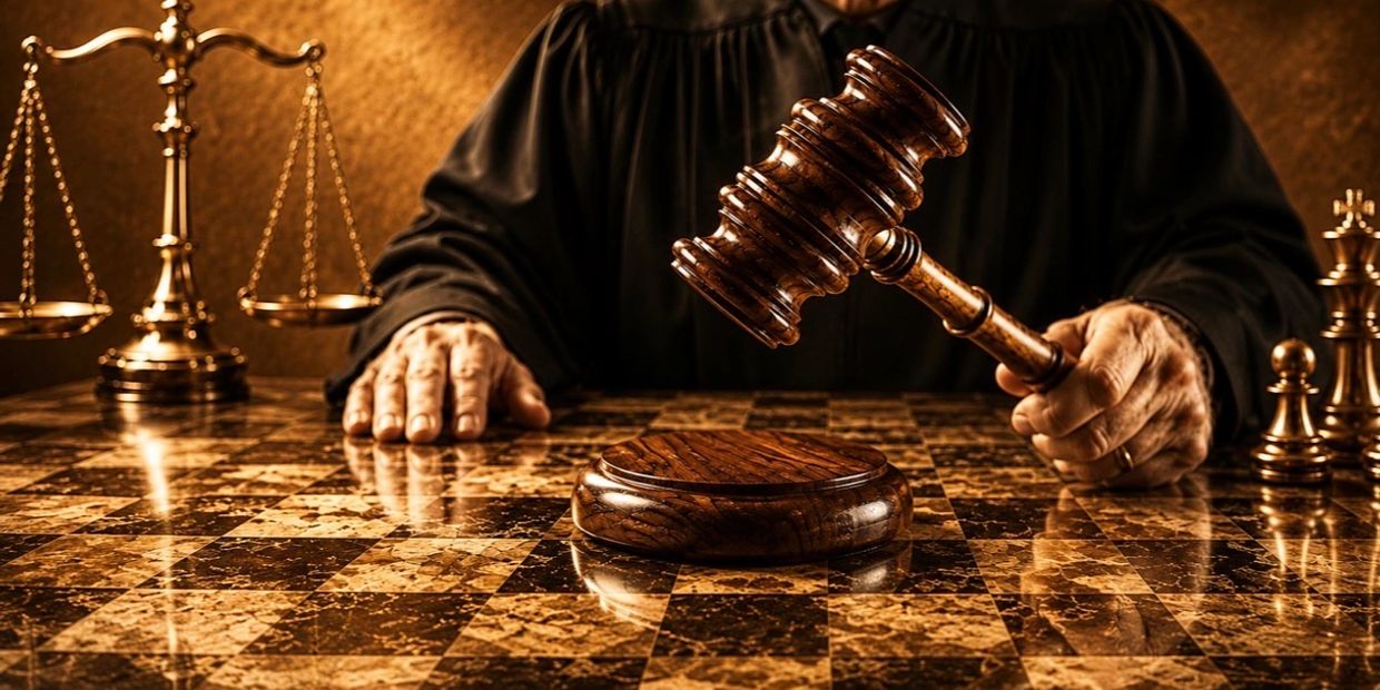 Judge holding a gavel with scales of justice in the background.