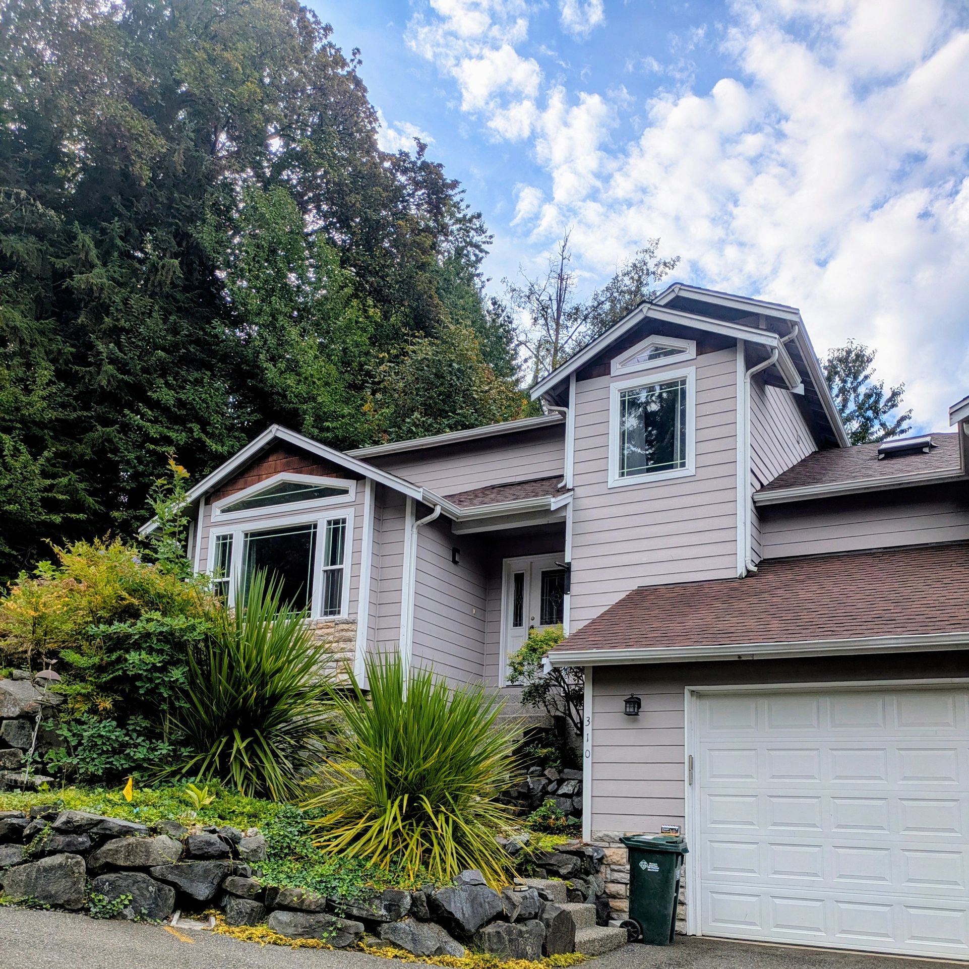 Exterior view of a modern house surrounded by trees and plants.