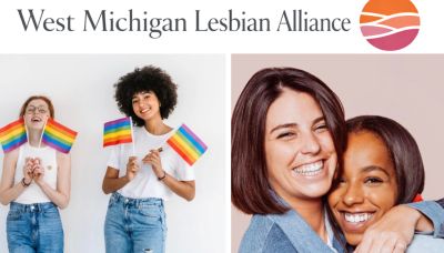 Two photos of smiling women with pride flags for West Michigan Lesbian Alliance.