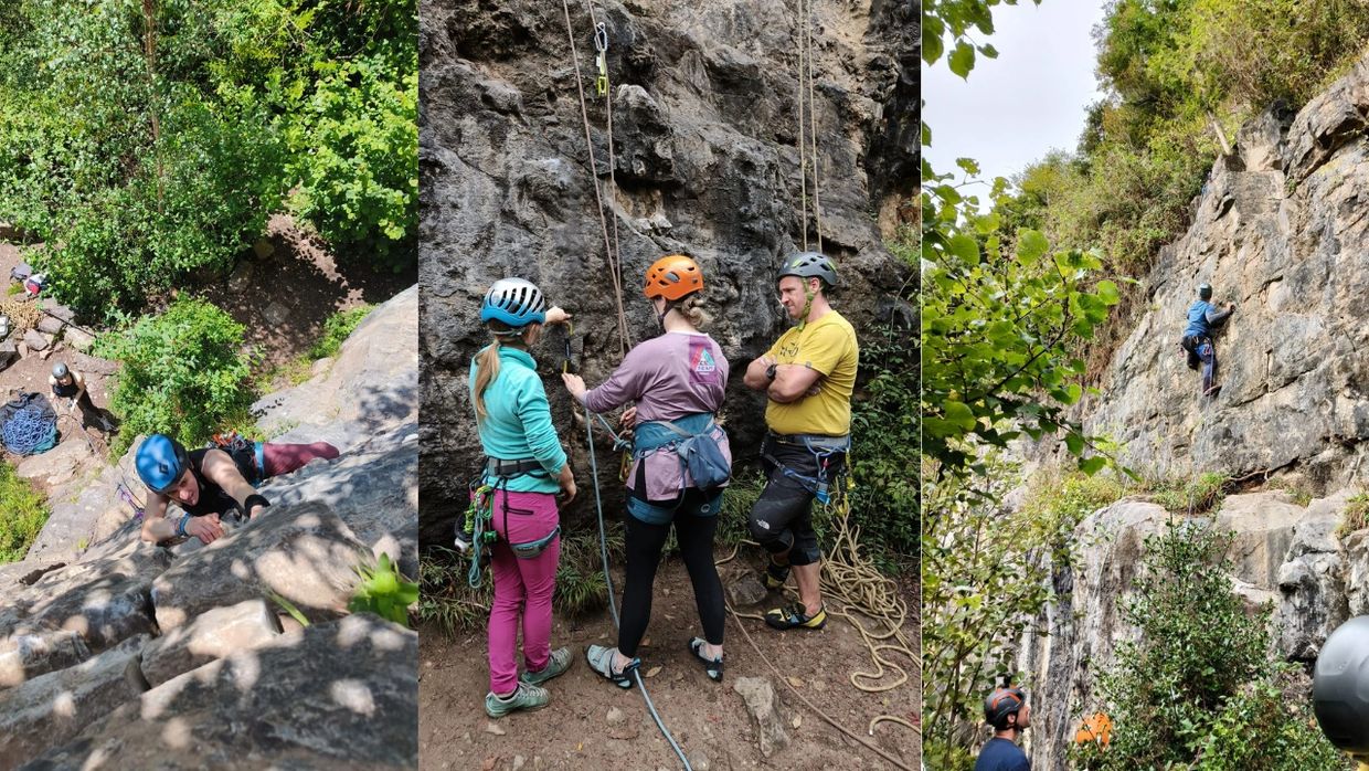 People learning to sport climb in the Wye Valley