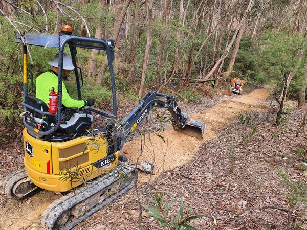 Workers operating mini excavators clearing a dirt path in the woods.