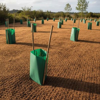 Young plants protected by green guards in a prepared field for reforestation.