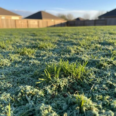 Close-up of frost-covered grass in a suburban backyard.