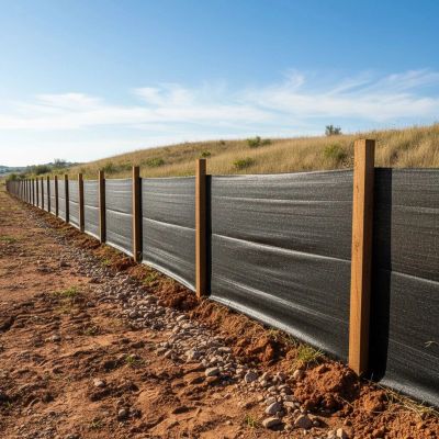 Long black silt fence supported by wooden posts on a dirt landscape.