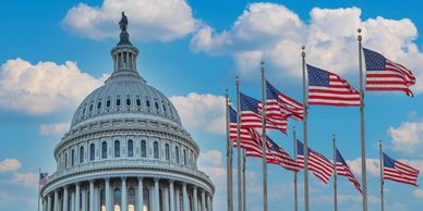 The United States Capitol dome with multiple American flags flying against a blue sky.