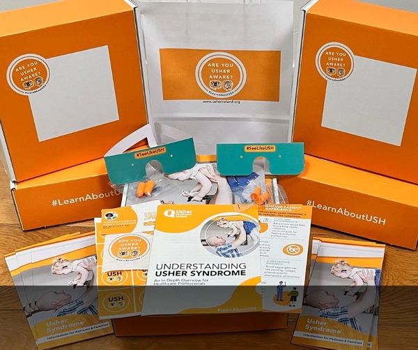 Image shows items from the awareness packs including booklets, glasses, leaflets and boxes.